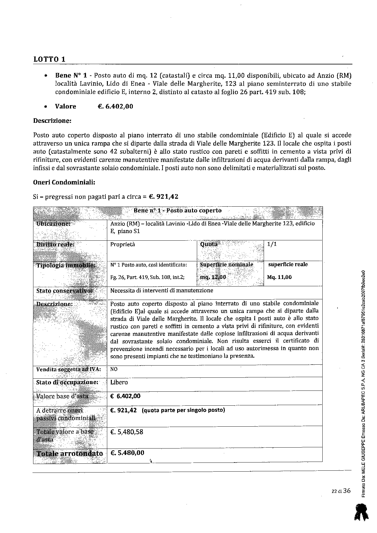 immobile posto auto all'asta in Località Lavinio Lido di Enea - 00042 Anzio (RM) - 1