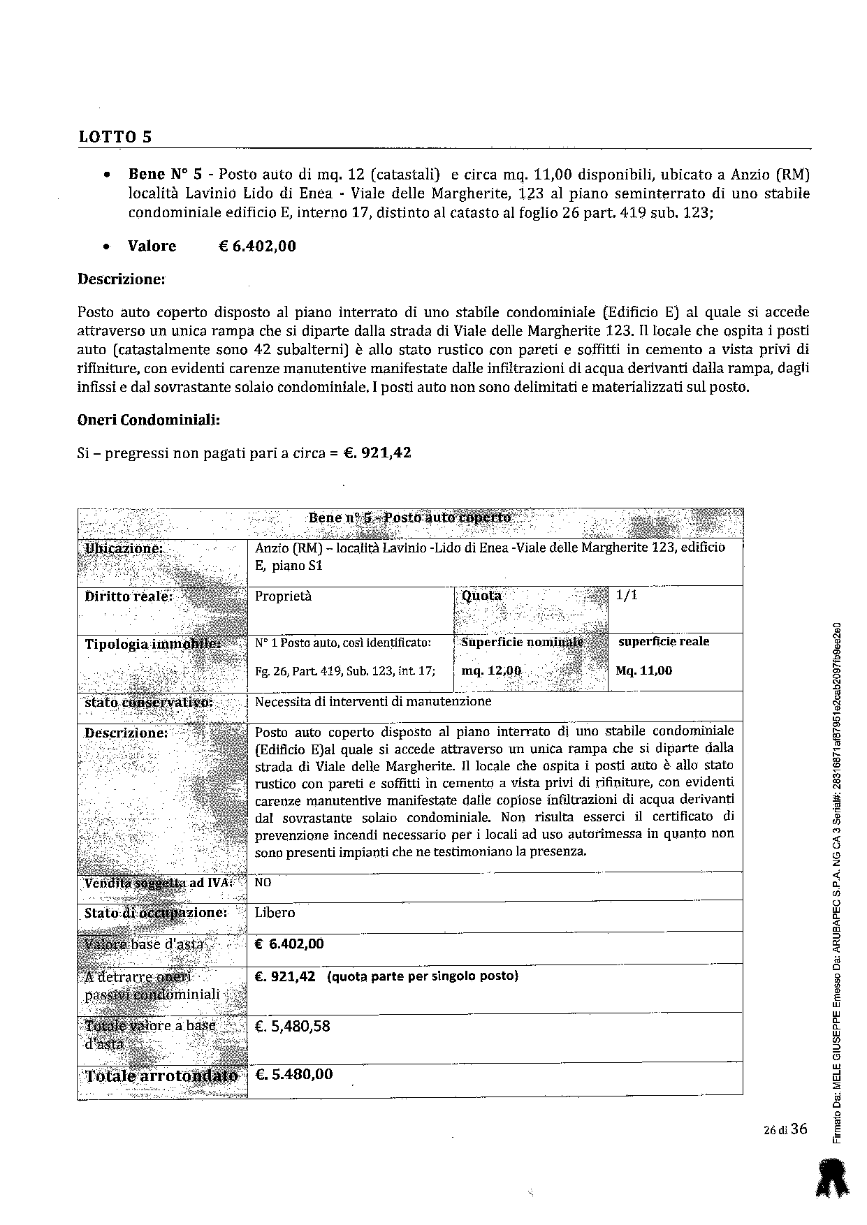 immobile posto auto all'asta in Località Lavinio Lido di Enea Viale delle Margherite n 123 stabile condominiale Edificio E - 00042 Anzio (RM) - 5