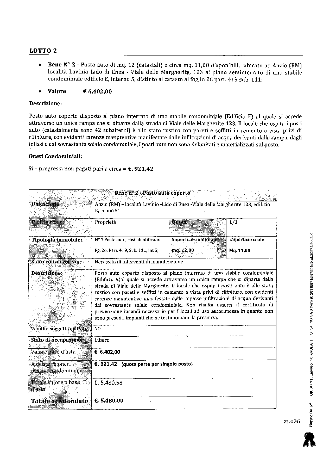 immobile posto auto all'asta in Località Lavinio Lido di Enea Viale delle Margherite n 123 - 00042 Anzio (RM) - 2